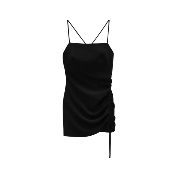 Zara NWT Black Draped Mini Dress with Ruched Tie  & Slit Detailing - Picture 2 of 11